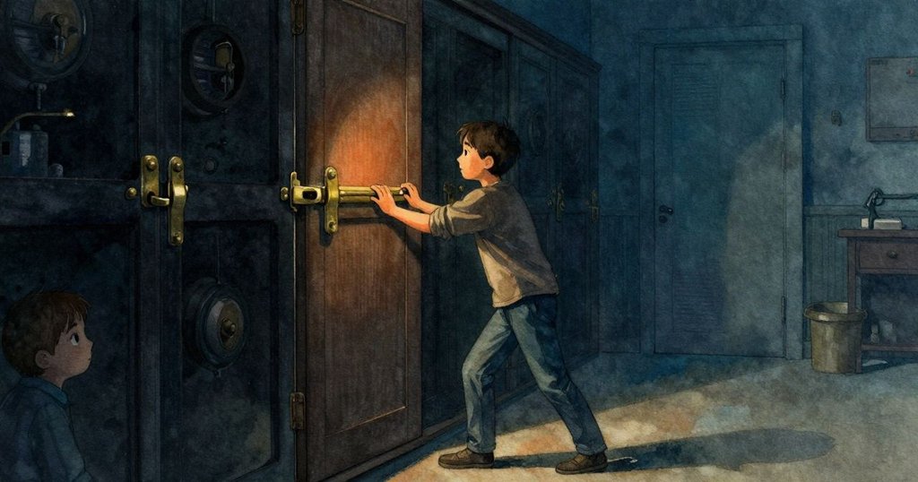 Cruz 正走進暗房,按下銅質拉扣,房間內充滿溫暖橙光與深藍影子,展現開始的寧靜與期待