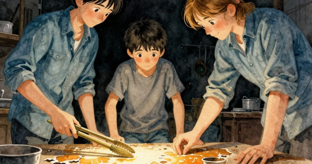 從低角度視角觀察,暗房工作檯上兩組竹夾在橙光映照下閃爍,明顯缺少一組呈現微妙不協調感