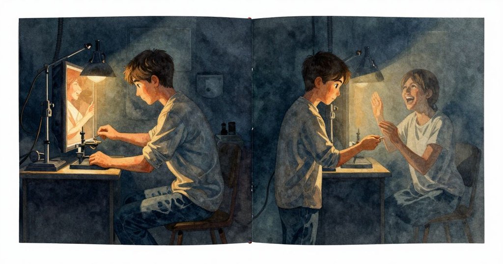 場景分割呈現現實與回憶,Cruz 專注作業,同時隱約顯現 Greer 笑容,暗房中暖燈與影子交織