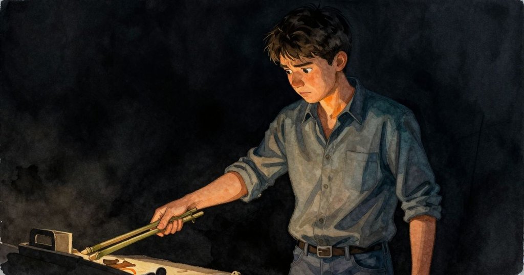 Cruz 手指懸停在竹夾之上,面露猶豫與內心掙扎,暗房中燈光與影調形成強烈對比,氛圍凝重