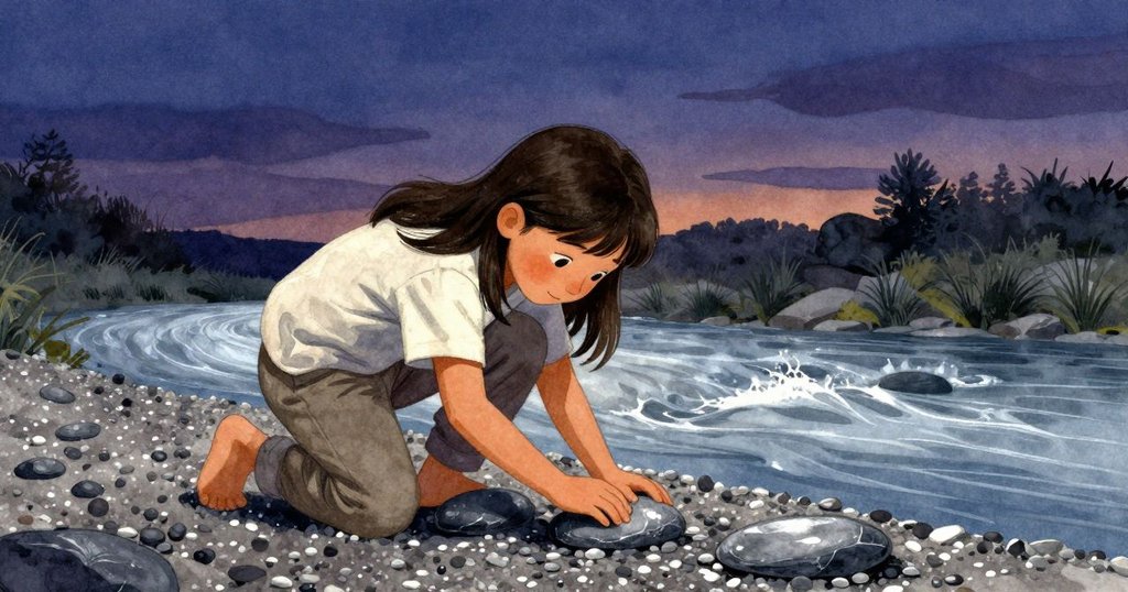 扎拉站在卵石河邊,動作專注地排列石塊,背景夕陽與倒影交織,展現內心平衡與靜謐氣氛