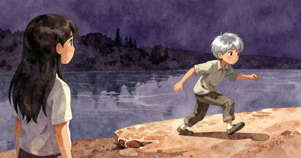 澤菲爾從河邊慢步接近,手持砂岩,扎拉微抬頭彼此交流眼神,氛圍靜謐中藏著默契