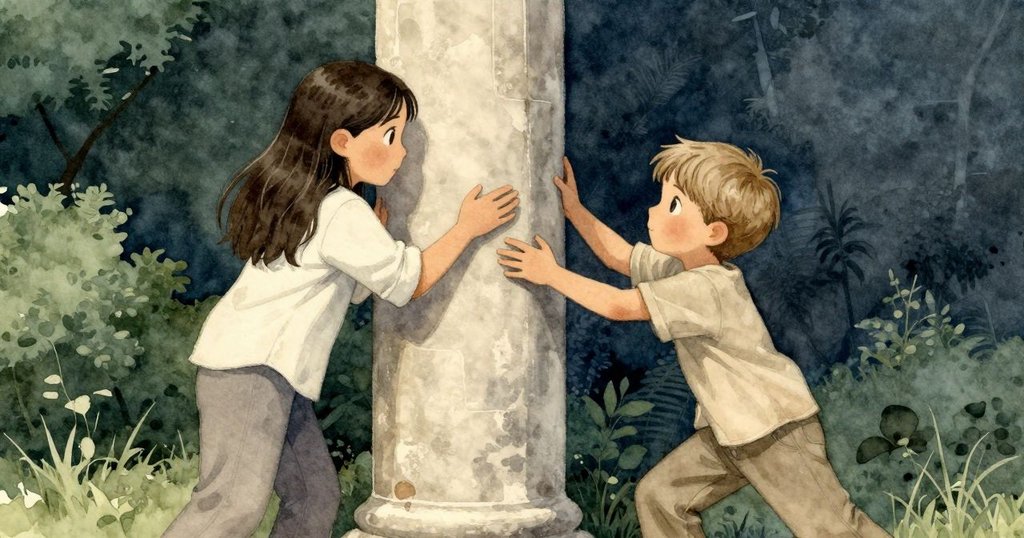 扎拉與澤菲爾合力調整石柱,動作協調中帶著往昔回憶,柔和光影營造出時光交錯的感覺