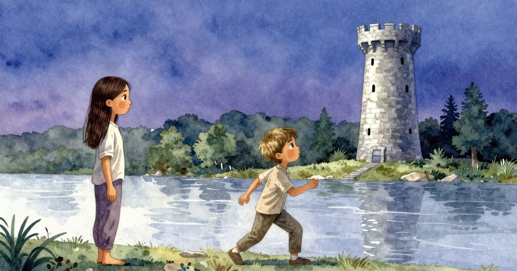 扎拉舉著最後一塊石板,與澤菲爾整頓石塊,夕陽餘暉下石塔投下長長影子,展現出淡淡的告別情緒