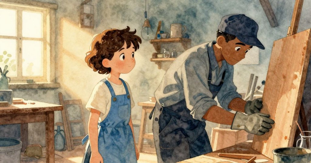 塔姆辛穿著藍色圍裙走進明亮工作室，赫克托在北光下準備漆面板，展現期待與專注的情感。