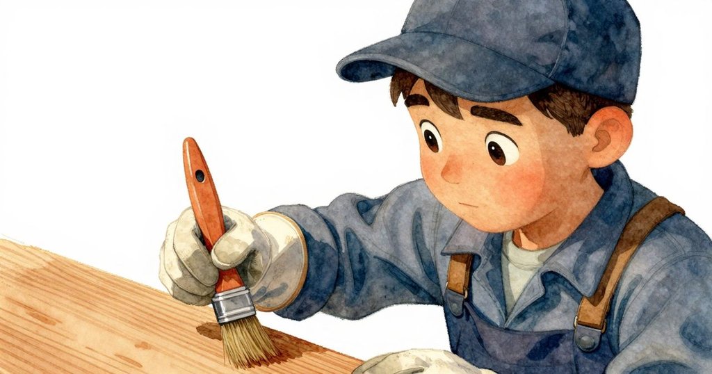 赫克托戴著手套輕掃漆面板，展現木紋細節與刷痕，溫暖光影下呈現專注工藝。