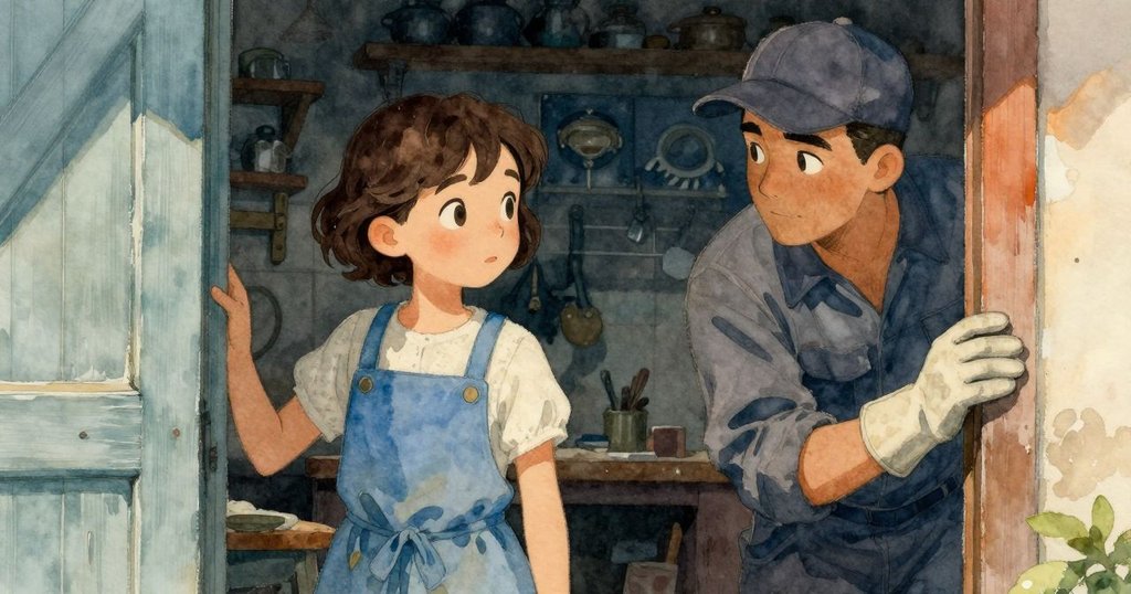 塔姆辛從半開門縫注視赫克托工作，眼神充滿好奇與驚喜，柔和光影襯托出工作室內部細節。