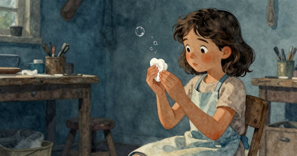 塔姆辛爬上凳子，用棉墊輕觸漆面脊，指尖細膩感受木紋，微小氣泡閃耀光芒，動作溫柔細緻。