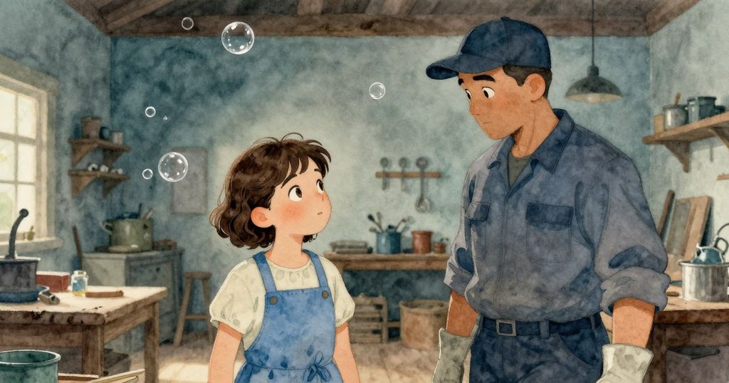 塔姆辛與赫克托在寬敞工作室中並肩站立，看著完成的漆面板上閃亮的銀泡，默契中透出欣慰與幽默。