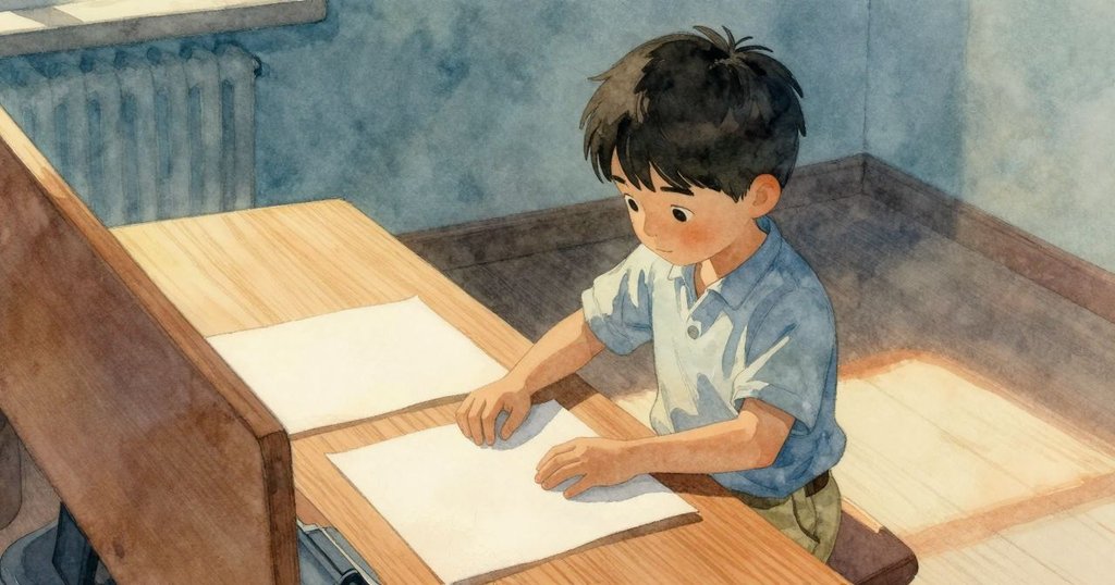 Jude在晨光中整齊排列紙張,木桌散發溫暖氣息,房間寧靜中透出新一天期待與平和情緒