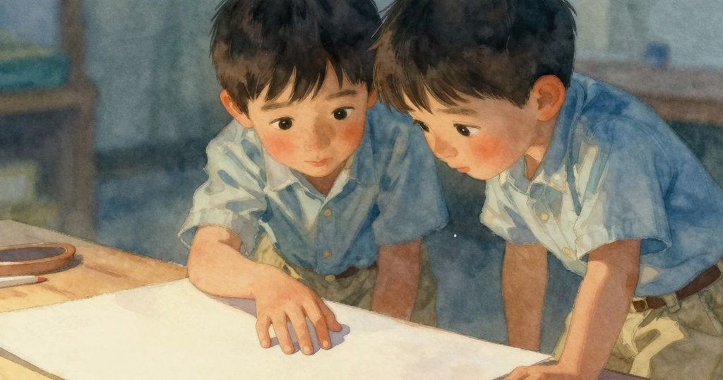 Jude專注輕觸展示細微凹痕的紙張,晨光柔和映出紙面紋理與水盤簡約美感,透露探索心情