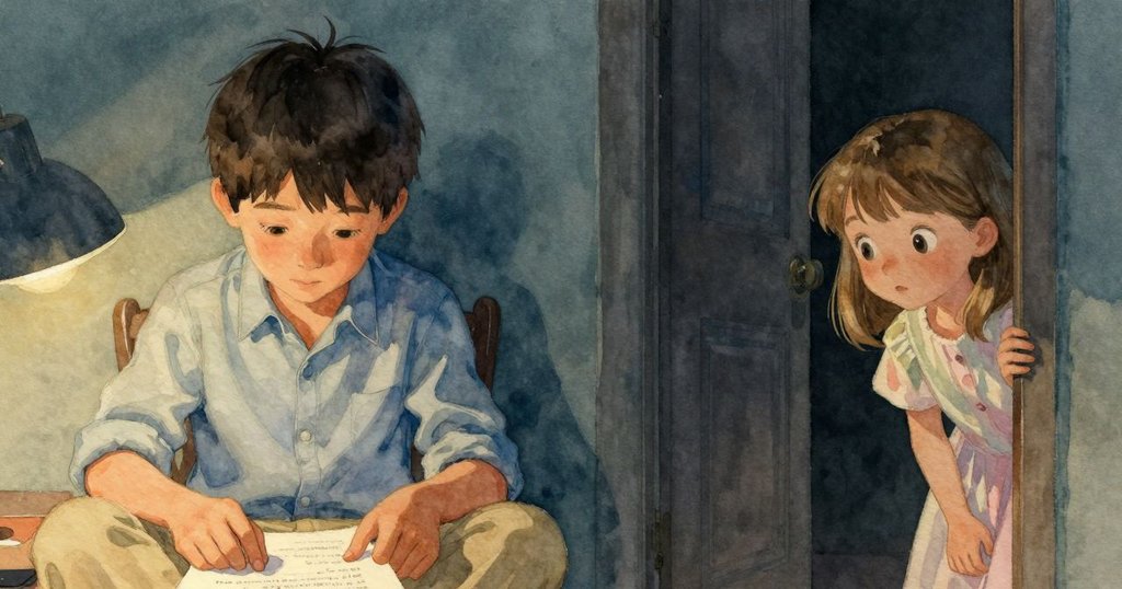 Jude手停紙上略顯猶豫,Zelma站立門邊好奇探望,溫暖燈光中映出室內柔和情境與默契對話