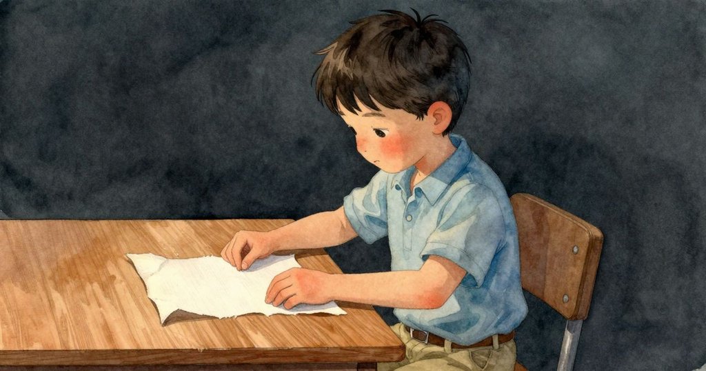 Jude細心調整受潮變色的紙張,粉紅痕跡悄然擴散於木桌上,溫柔光影中流露出認真專注情感