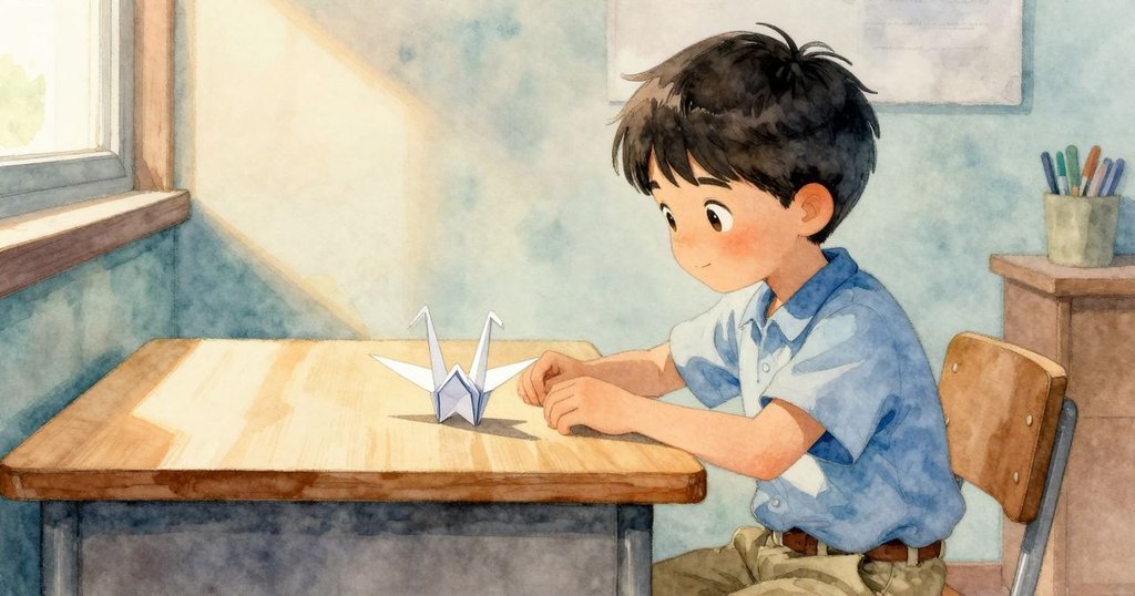 在溫暖中午光線裡,Jude凝望著完成的摺紙鶴,桌面散發創作氣息,室內寧靜中充滿滿足與和諧情懷