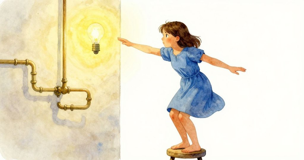 卡蒂亞站在低凳上在狹窄空間內操作紙卡,燈泡照亮周圍古舊管道,彩蝶在旁飛舞,氣氛充滿專注與奇妙。