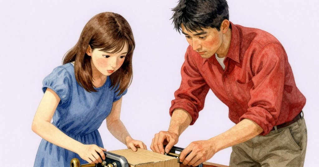 卡蒂亞專注操作機械,手中細緻的紙卡與老舊銅管及閥門互動,呈現歷史韻味與工業美感。