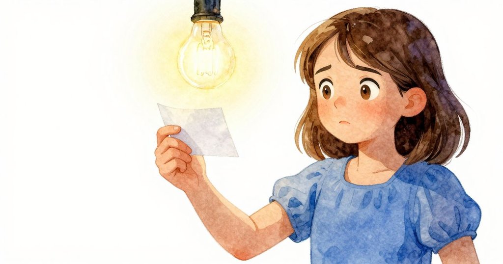 從彩蝶視角觀看,光芒閃爍的燈泡與卡蒂亞操作紙卡的動作清晰展現,畫面充滿柔和神秘的工業美感。