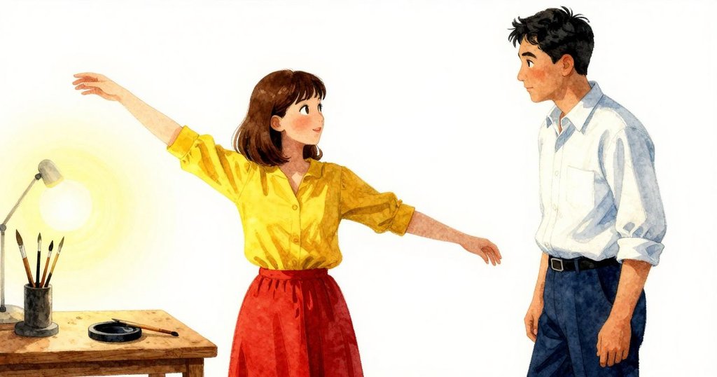 Ilsa專注於使用墨棒作畫,Kieran在背後靜靜觀察,工作室中燈光柔和呈現開始的神秘氣氛