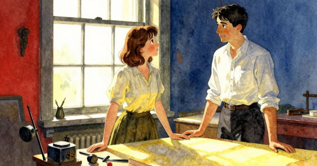 Ilsa透過斑駁玻璃回憶奶奶的工作坊,溫暖陽光灑在滿布針扣與布料的工作桌上,充滿懷舊情懷