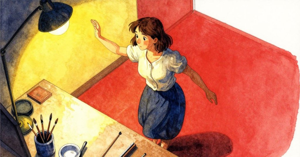 從高處俯視工作室全景,Ilsa整理著工具,老舊工作台和印石交織著過去與現在的故事