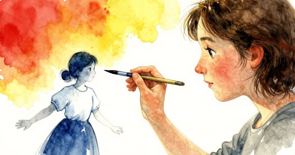 Ilsa面部表情流露內心掙扎,畫筆停於紙上,墨水展現意外流動,情感與記憶交織在瞬間