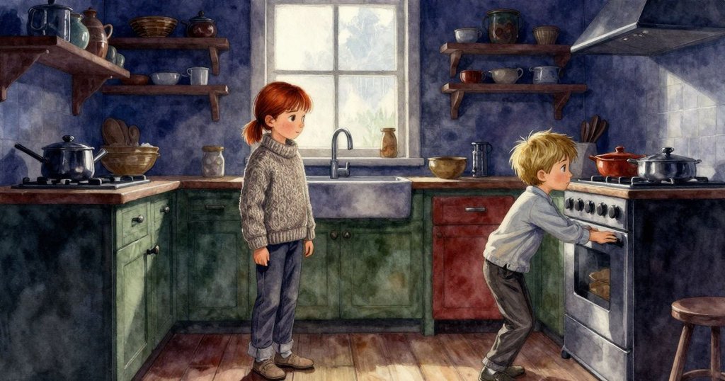 Faye站在門口觀察Tobias在爐旁平衡杯子,廚房溫暖燈光與霜凍窗戶形成強烈對比,充滿期待與好奇。