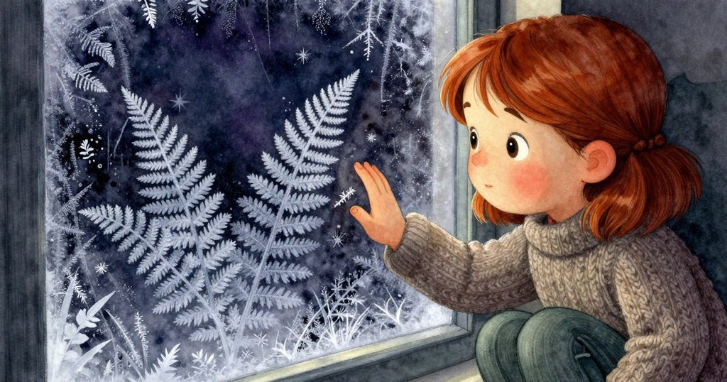 Faye輕觸霜凍窗戶,手指留下一點清晰痕跡,水氣凝結過程中展現細膩變化,神情專注充滿好奇。