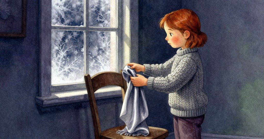 Faye從空椅上拿起絲巾,輕柔折疊並按摩霜凍窗戶,畫面溫馨又透露著神秘氣息。