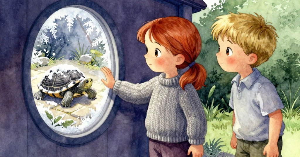 Faye用手在霜窗上清理出一個橢圓形空洞,露出花園中覆雪之石龜,畫面充滿神秘與溫柔連結。