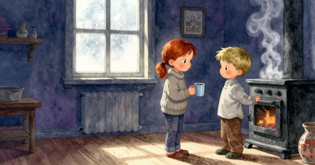 Faye將杯子溫柔遞回Tobias,窗戶上新生蒸氣象徵變化,廚房裡的光影充滿解決與溫暖決心。