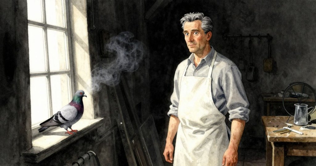 格里馮於工坊內忙著開啟香水瓶, 鴿子突然降落窗台, 表情專注中帶著驚奇, 光影交錯呈現故事開端