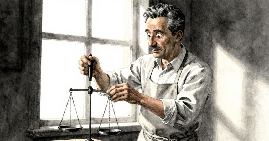 格里馮從肩後仔細調整平衡秤上小管滴液, 鴿子靜靜觀察, 室內溫暖光線映襯故事中段