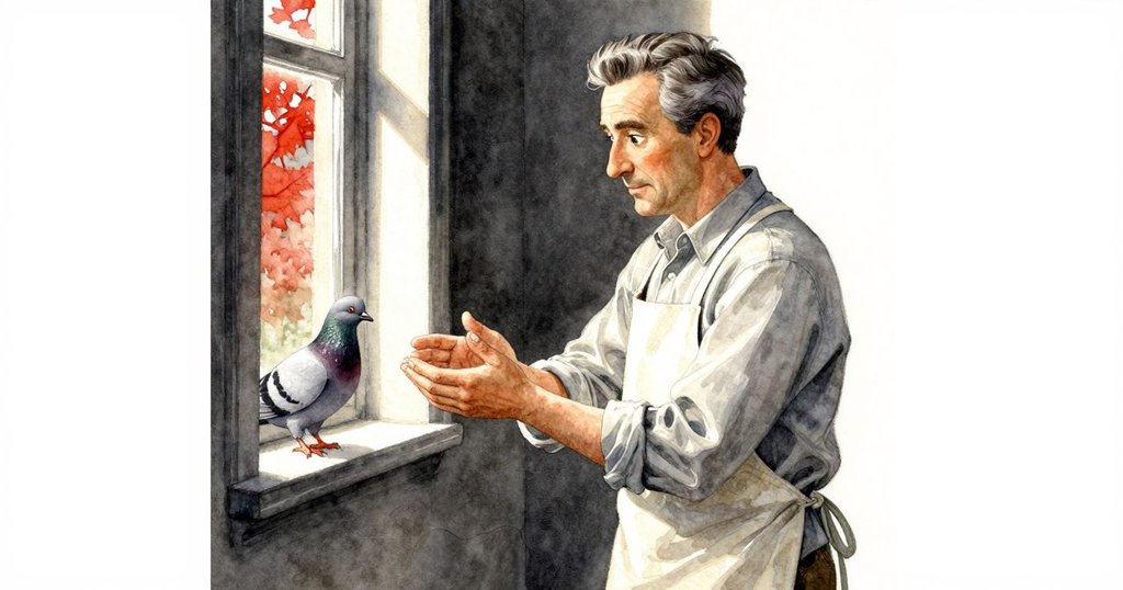 格里馮於工坊內擦拭雙手重整香氣配方, 鴿子靠近窗邊好奇觀察, 日光柔和季節氛圍明顯