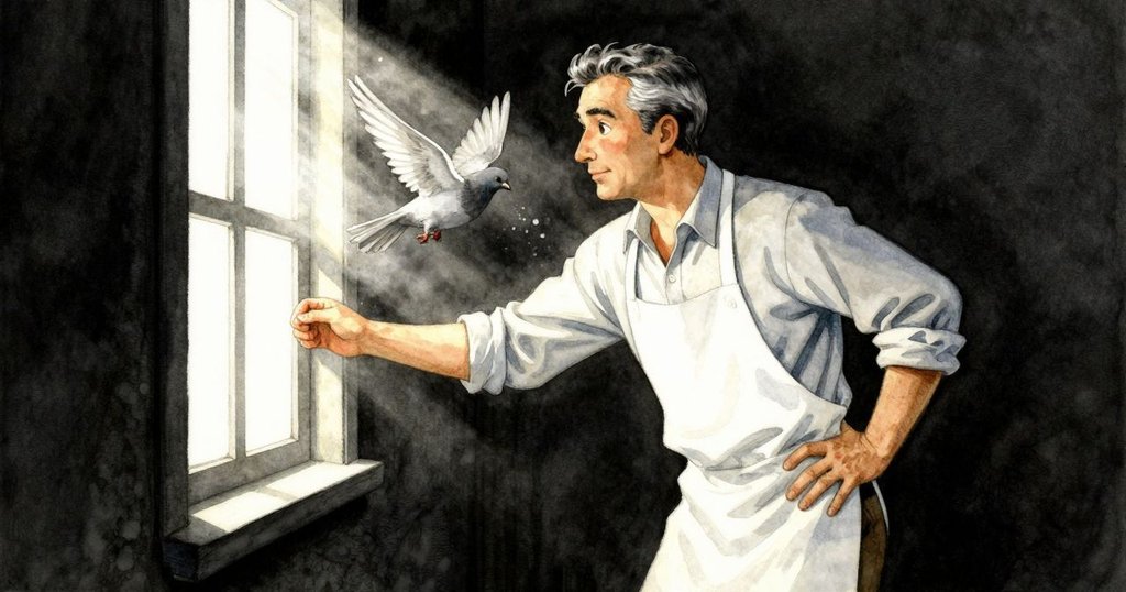 格里馮輕推窗框, 釋放濃郁香氣, 鴿子展翅飛舞呈現歡慶, 工坊內光線明亮充滿活力