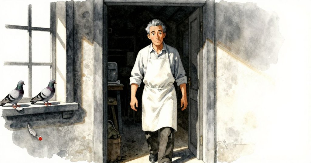 格里馮踏出工坊進入走廊, 鴿子依舊停留窗台, 紙上灰羽輕搖訴說結局, 溫柔光線映襯離別情懷