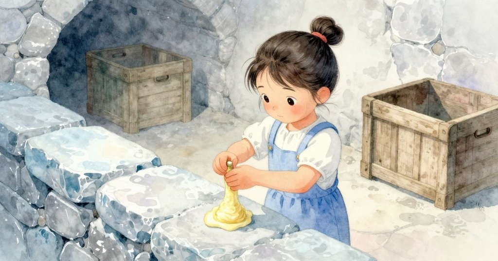 Seren在涼爽的石室裡輕輕旋轉蠟塞，晨霧環繞，旁邊堆滿透出餘光的木箱，她的臉上帶著專注和期待。