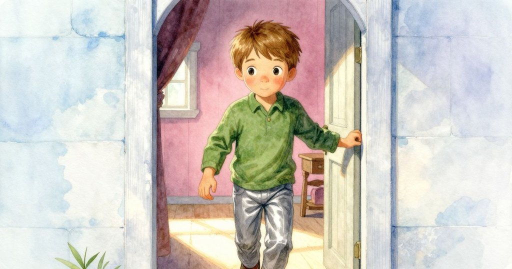 Cole踏入新的室內空間，舊木箱散發果香餘溫，背景中柔和光線映照出溫馨氛圍，充滿期待。