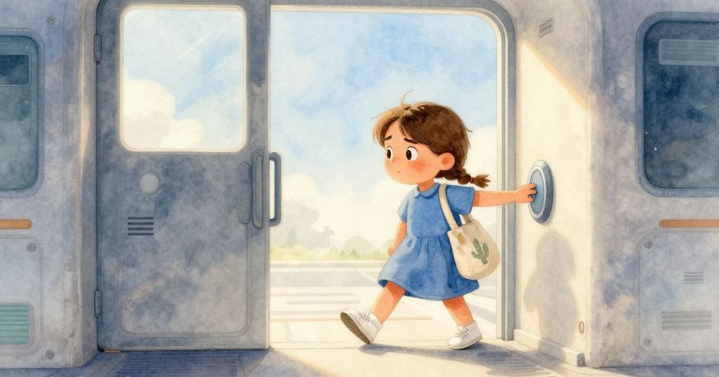 科萊特跨過金屬門檻，踩下圓形按鈕，背景隱約有遊樂園聲音，神情堅定展開探險旅程。