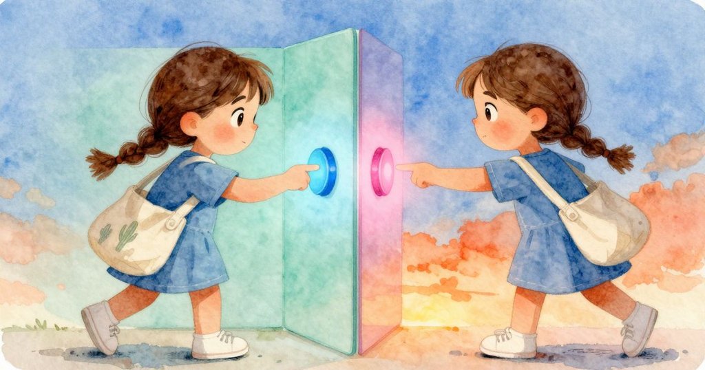 科萊特注視按鈕觸動後藍光轉為粉光，光影對比明顯，充滿神秘感與探索驚喜。