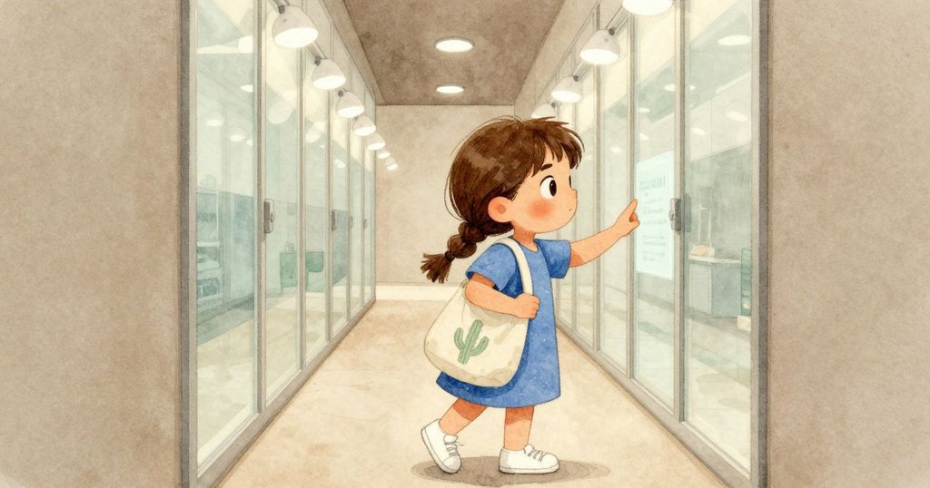 科萊特走進狹長服務走廊，白燈映射無色鏡面，她輕觸面板探索環境，充滿好奇心。