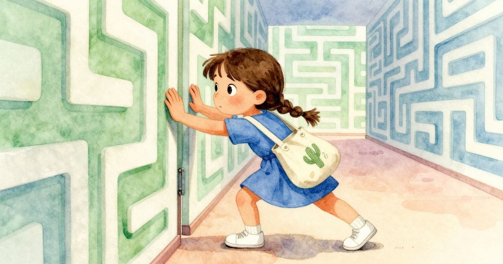 科萊特在粉色走廊盡頭用平掌按壓面板，隱藏鉸鏈發出輕微吱聲，神情專注面對挑戰。