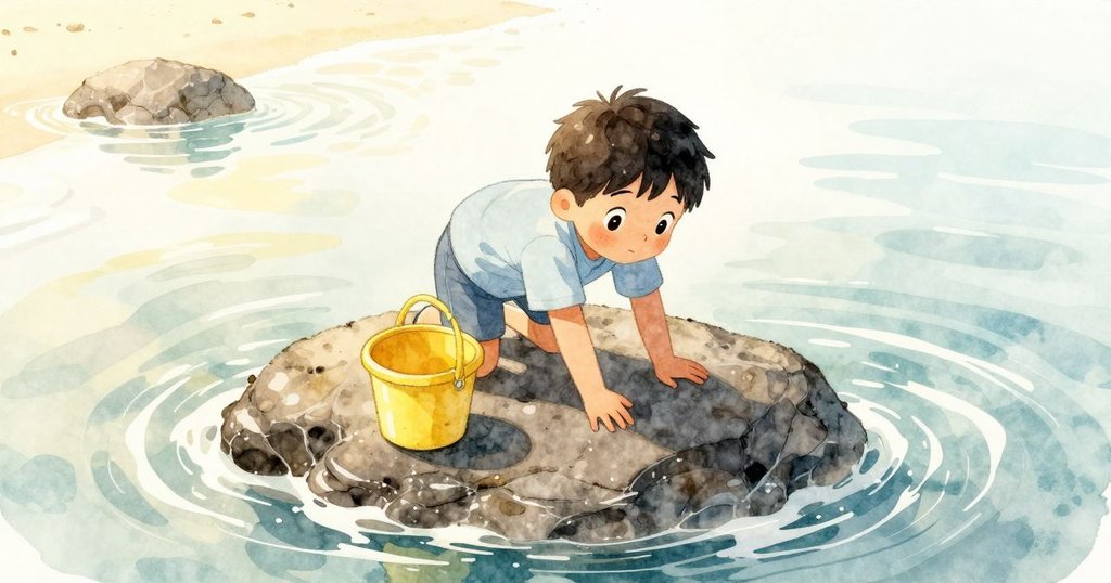 Sam 正在海邊岩石上好奇地伸手碰觸倒轉的黃塑料桶，背景是淺海與閃亮的沙灘，呈現探索開端