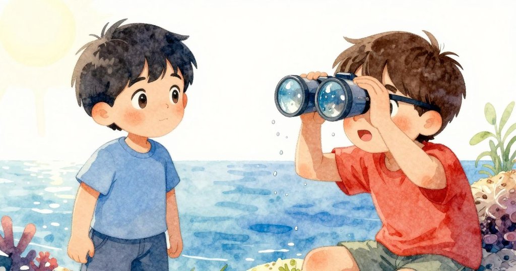 Kane 的手細緻地調整著玻璃觀察器，觀察器上水珠閃爍，映出了珊瑚礁和淺海細節，充滿專注