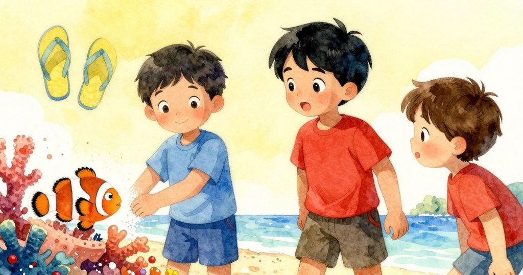 Sam 與 Kane 分別觀察海中奇景，一邊有小魚刮珊瑚產生的白粉，一邊有色彩鮮亮的涼鞋漂浮，充滿驚奇