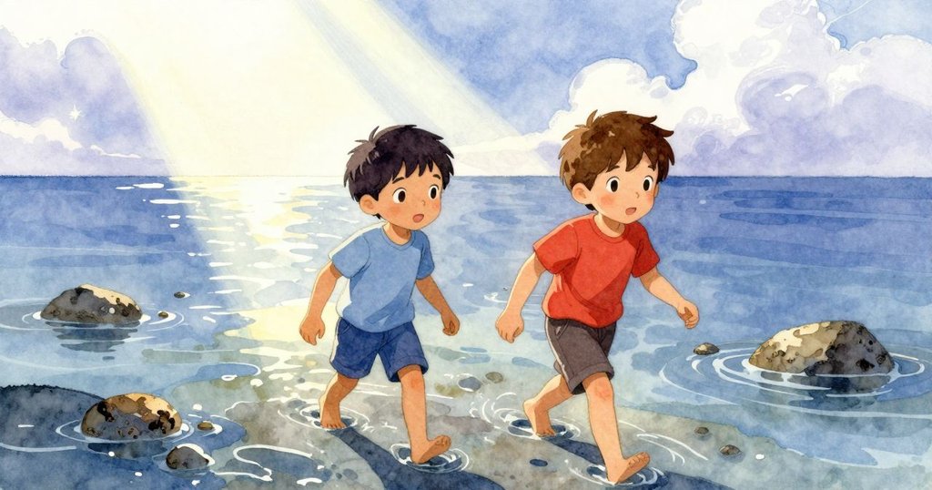 Sam 和 Kane 從高處注視著淺海珊瑚礁，隨著步伐走近岩石，水花輕拍雙腳，陽光與雲影交錯，帶出沉思畫面