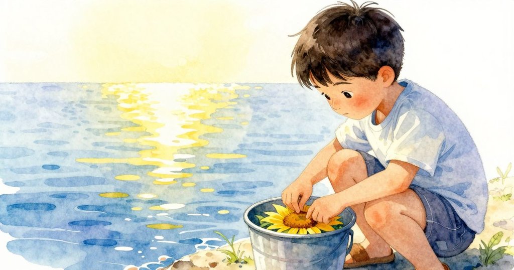 Sam 蹲在岩石邊，用濕潤的拇指細緻觸摸塑料桶上印有向日葵的細紋，神情專注，展現靜謐啟發