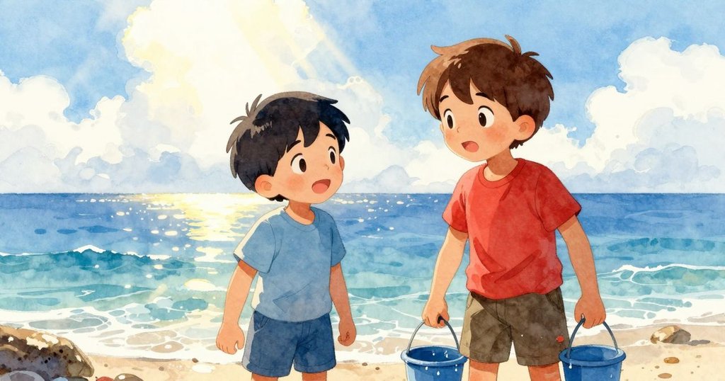 Sam 與 Kane 站在淺海邊，手握滴水觀察器，望向逐漸放晴的遠方天空，展現出冒險將繼續的信念