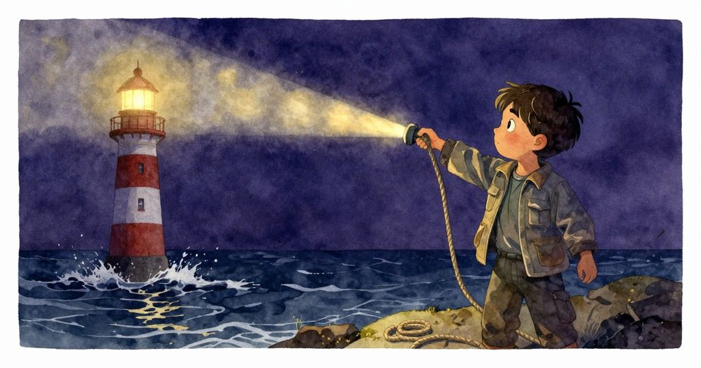 海面波濤起伏,燈塔光柱劃破夜空,伊凡旁的繩索隨節奏輕舞展現室外動態