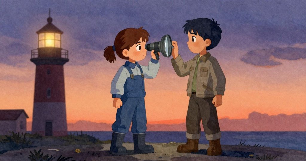 蘭娜與伊凡並肩靠近大透鏡,共同注視旋轉燈光,氛圍平靜溫暖,完成檢查任務