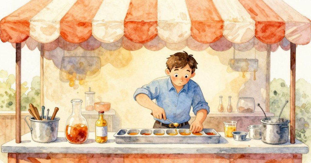 Winston在條紋遮陽篷下調製蘋果糖漿，蒸汽繚繞，場景溫暖充滿清晨氛圍，展現故事開頭。